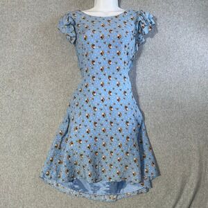 Roem Light Blue Floral Polka Dot Ruffle Sleeve Mini Dress babydoll western